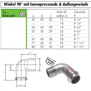 Winkel 90° mit Innenpressende & Außengewinde, Edelstahl, alle Größen